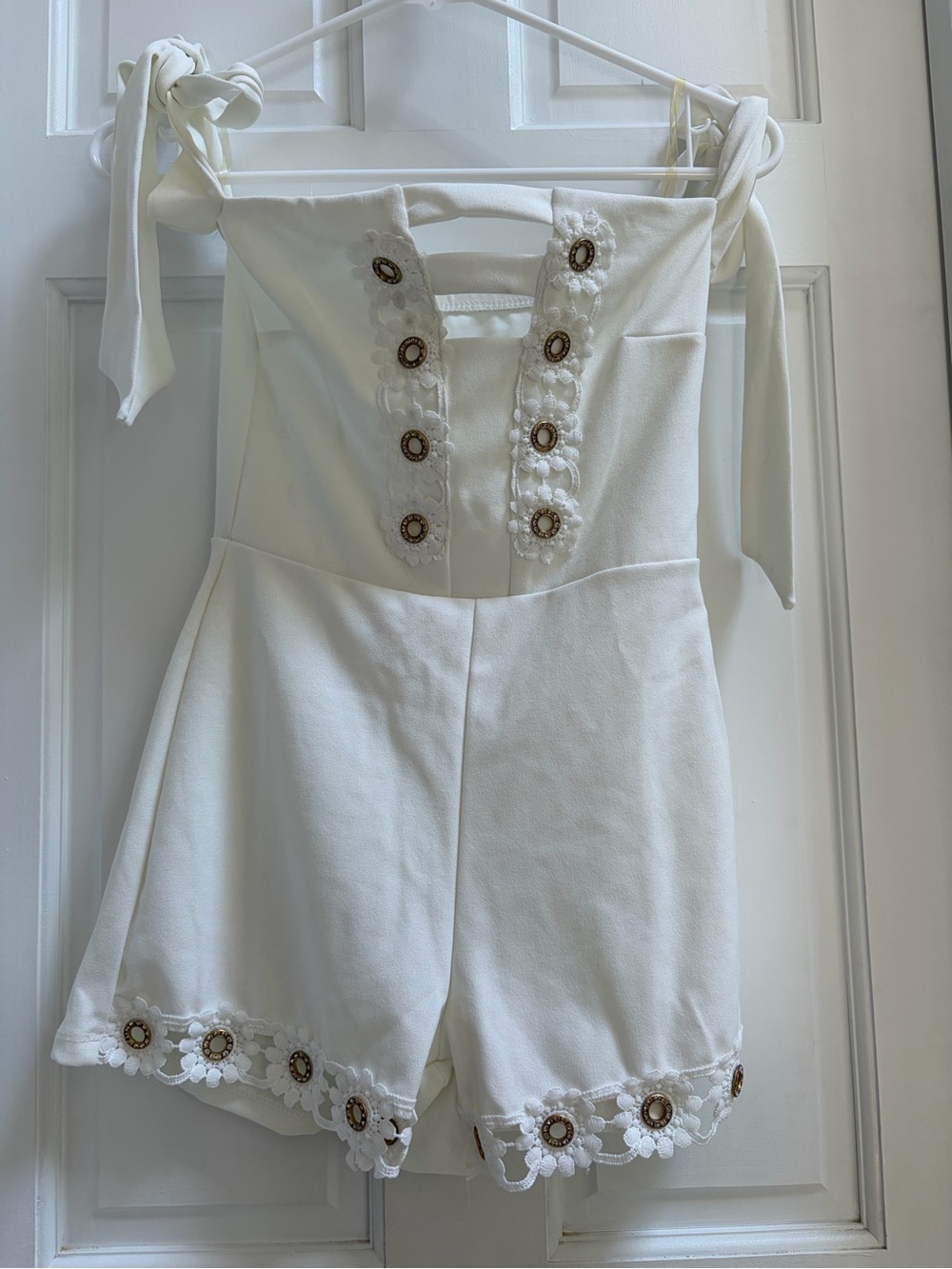 Love Nation White Tie-Shoulder Romper with Floral Trim